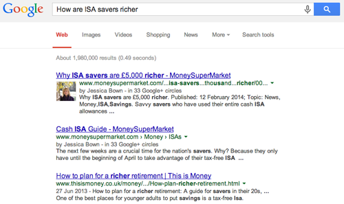 MoneySuperMarket authorship mark-up search result